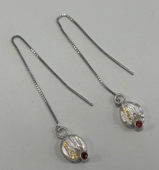 Sterling silver & 24ct gold ear threads with garnets